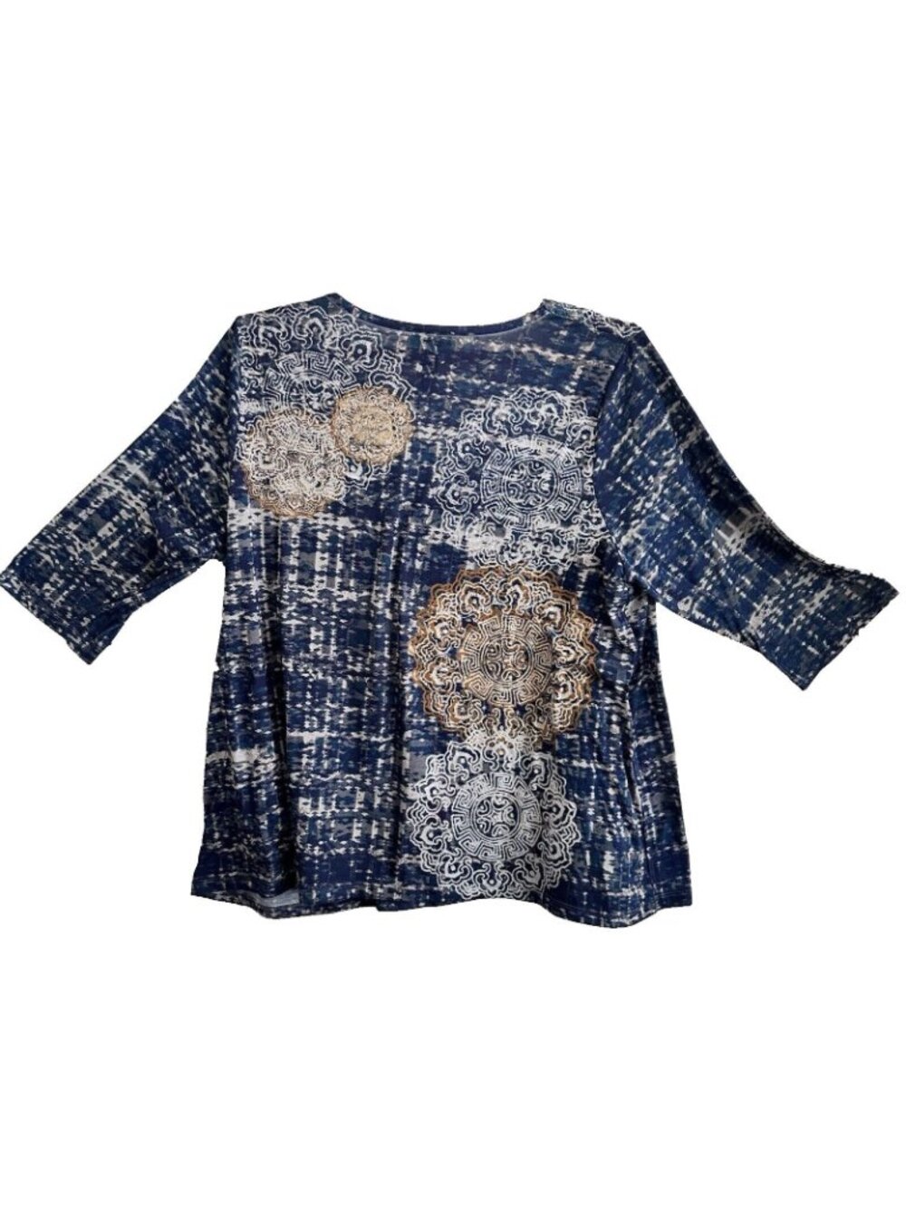 Catherines Bejeweled Tunic Top 3/4 Sleeve Blue Gold Grey SZ 1X Plus Boho Cottage - Picture 3 of 8